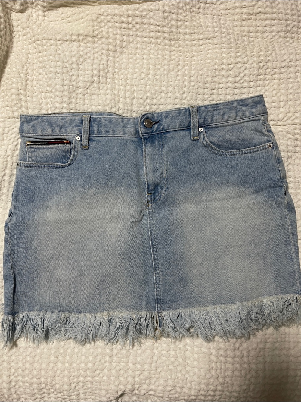 Tommy Hilfiger Light Wash Denim Mini Skirt with Fringe Hem